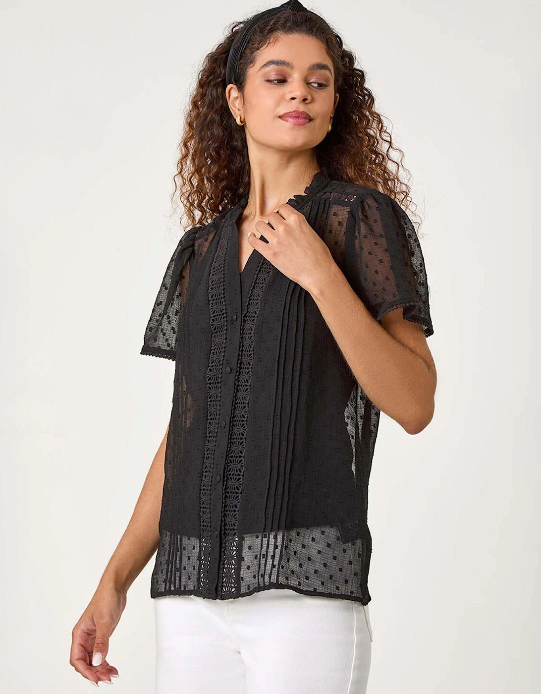 Textured Spot Lace Trim Blouse, 2 of 1