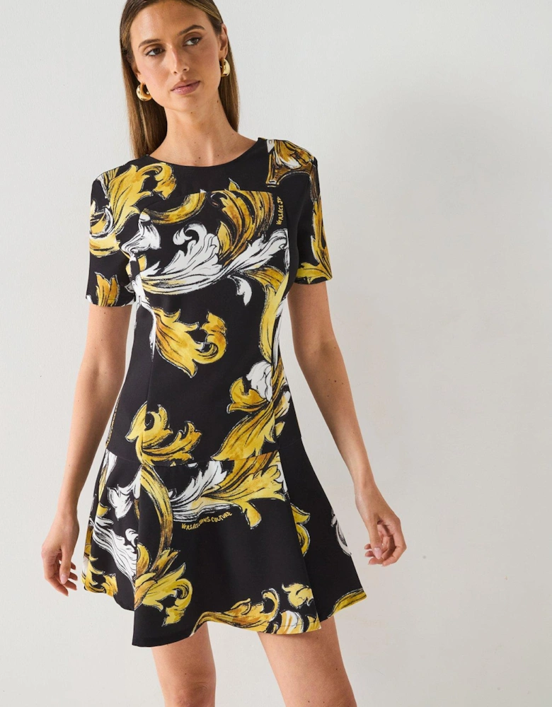 Macro Baroque Print Skater Dress - Black