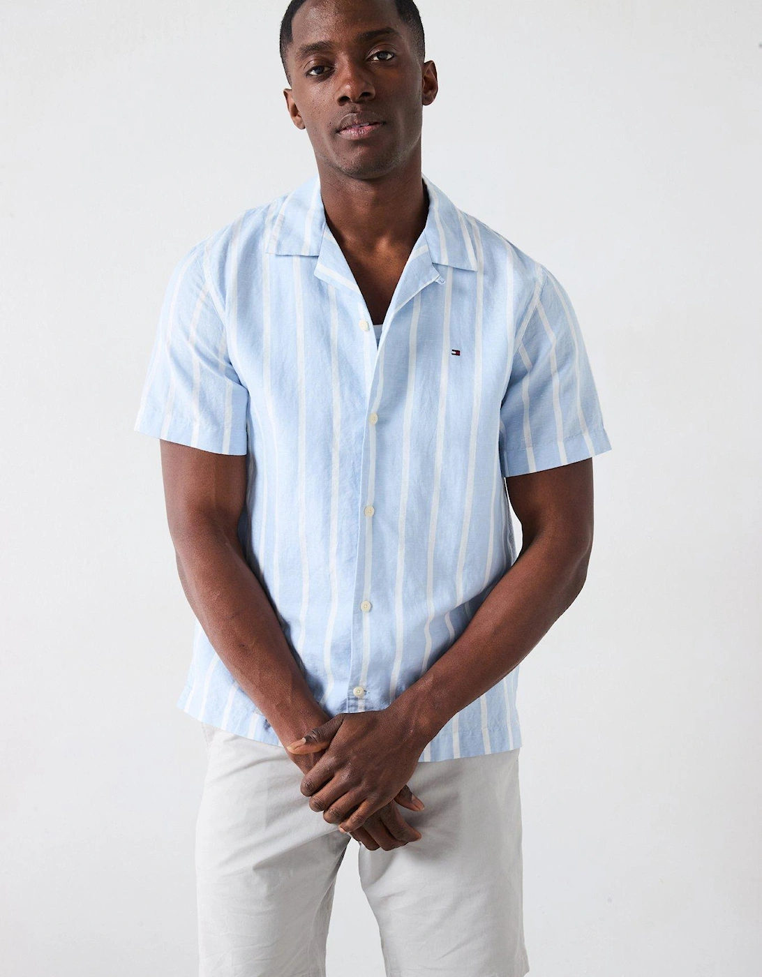 Linen Blend Striped Short Sleeve Regular Fit Shirt - Blue, 2 of 1