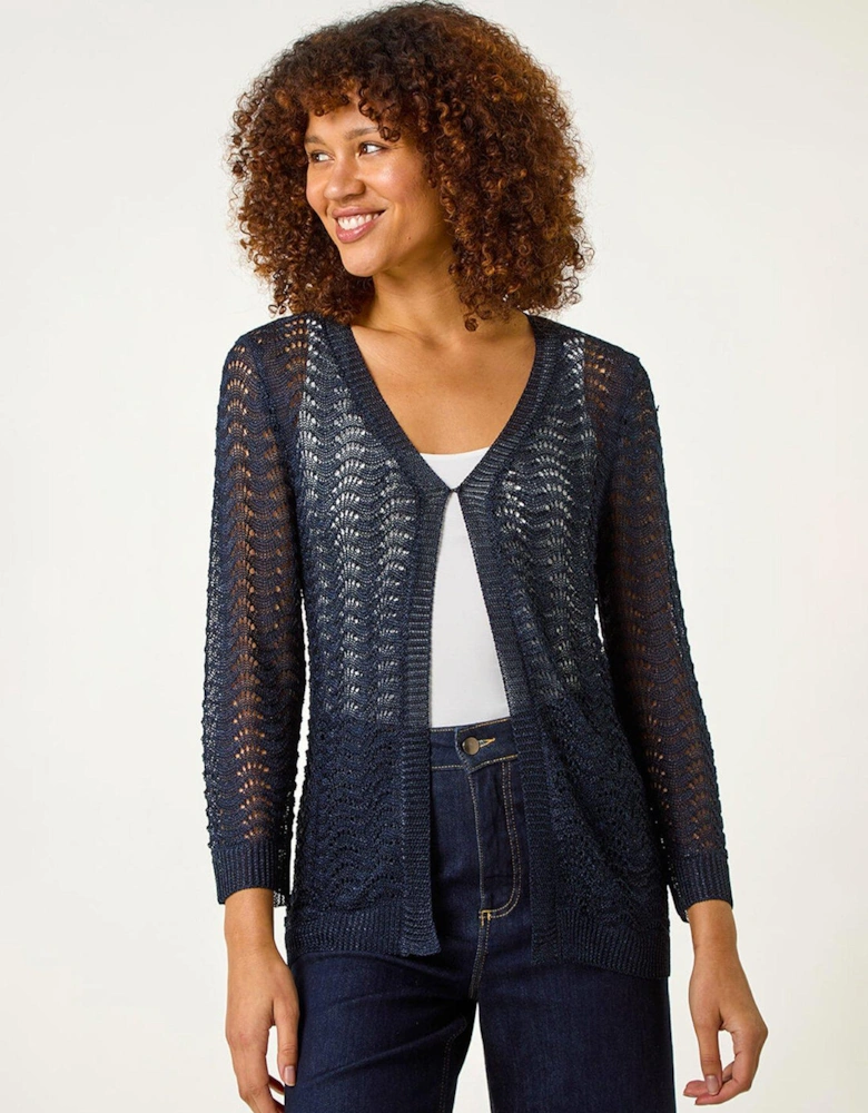 Textured Crochet Knit Shrug - Navy