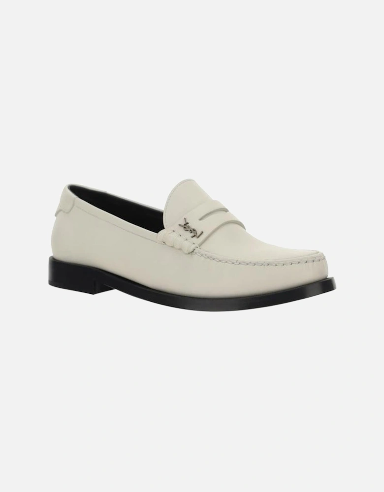Calfskin Loafers with Block Heel and Monogram Plaque Women - White