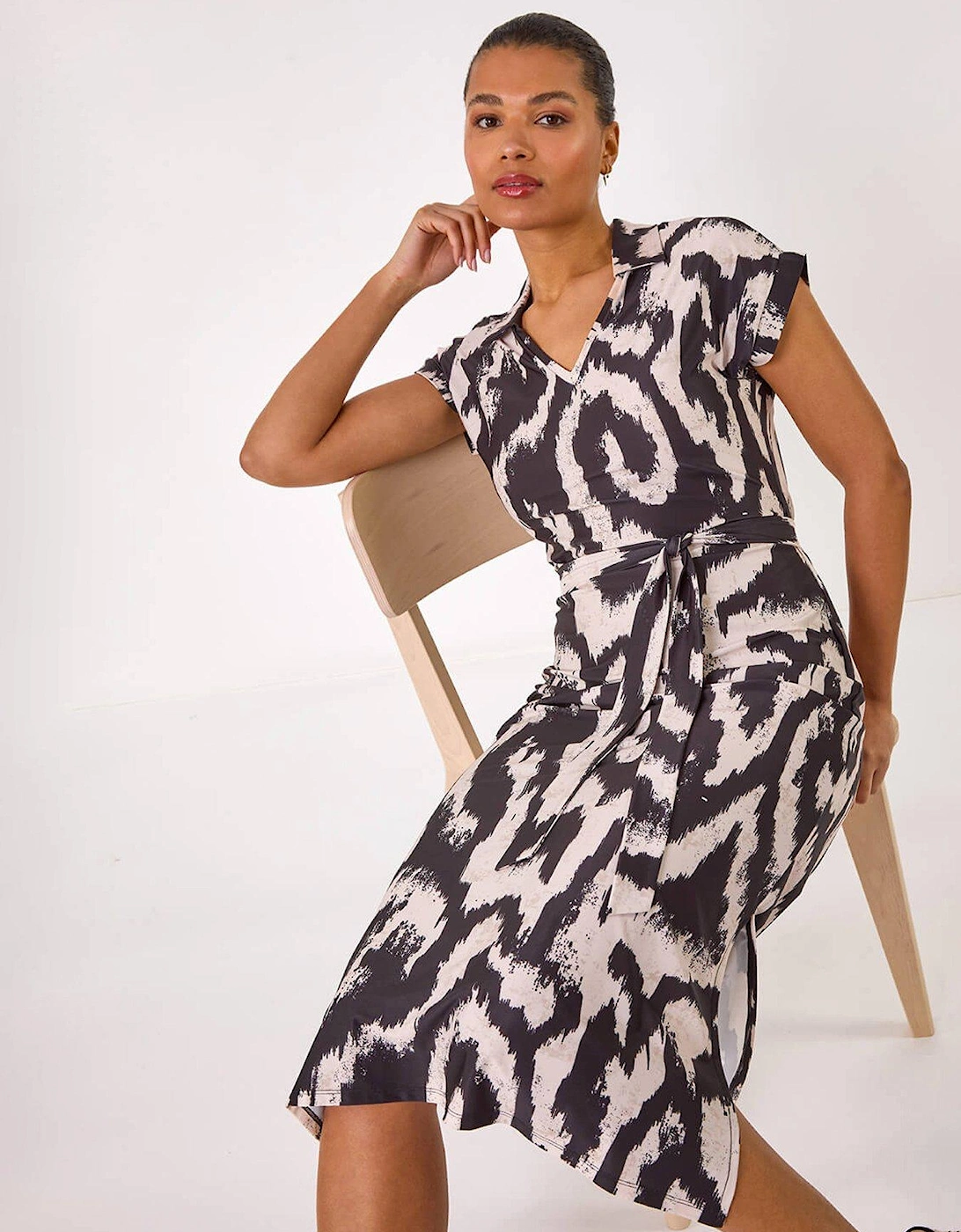 Abstract Print Belted Stretch Midi Dress, 2 of 1