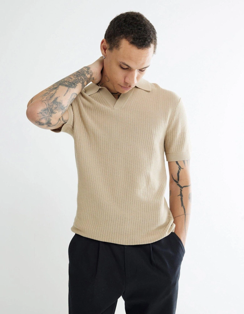 Short Sleeve Open Collar Knitted Polo Top - Beige