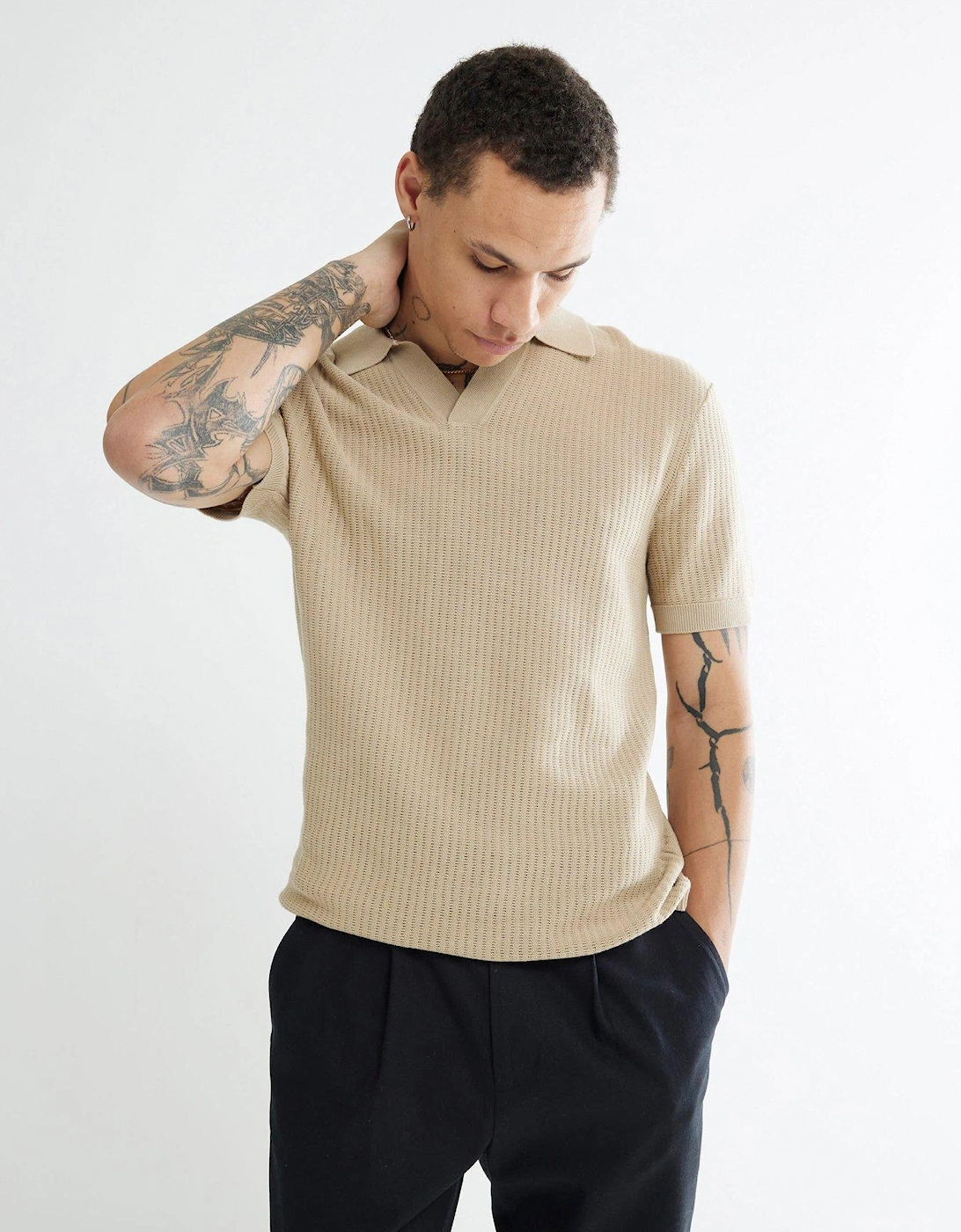 Short Sleeve Open Collar Knitted Polo Top - Beige, 2 of 1