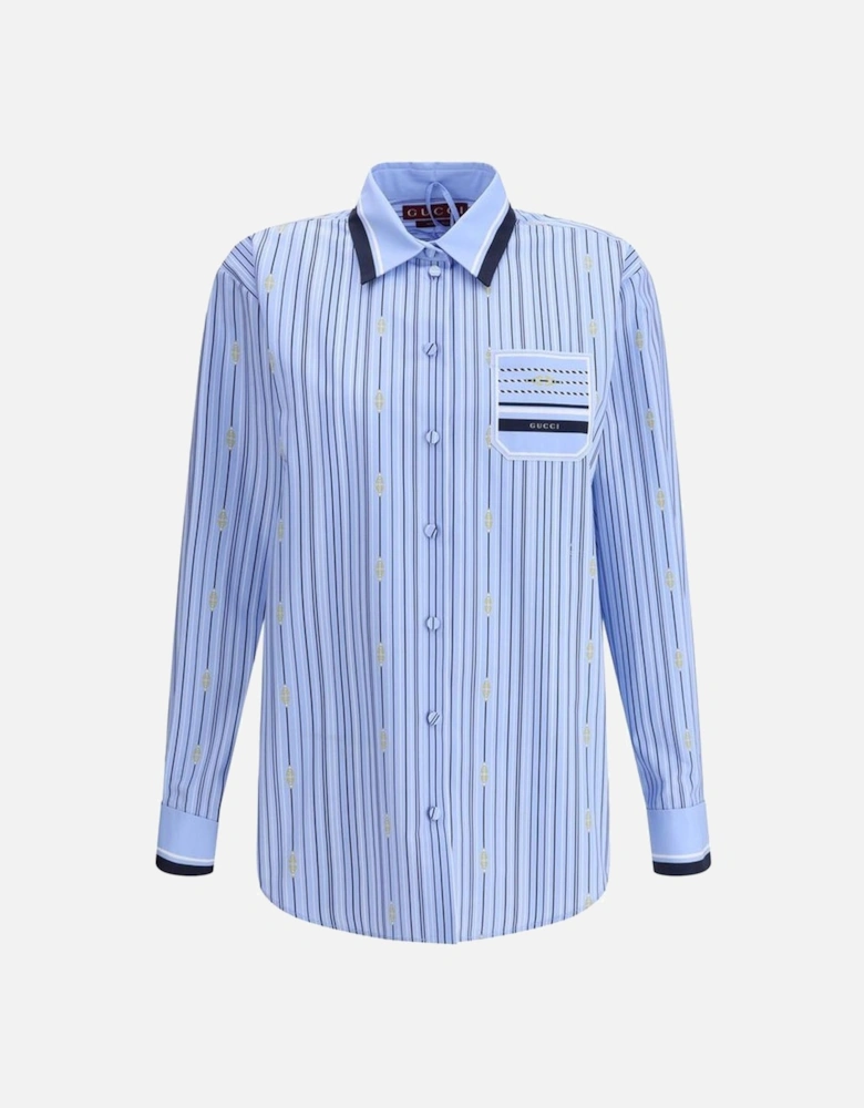 Striped Shirt with Patch Pocket and Button Cuffs Women - Light Blue