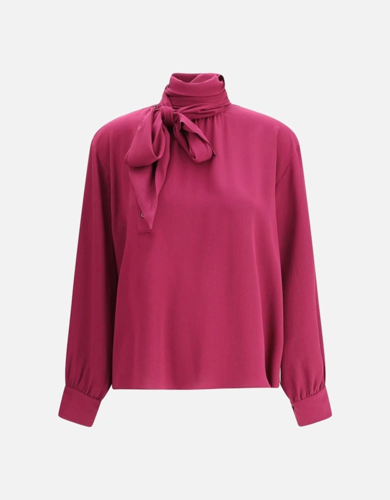 Silk Blouse with Self-Tie Sash Collar Women - Purple Shirts