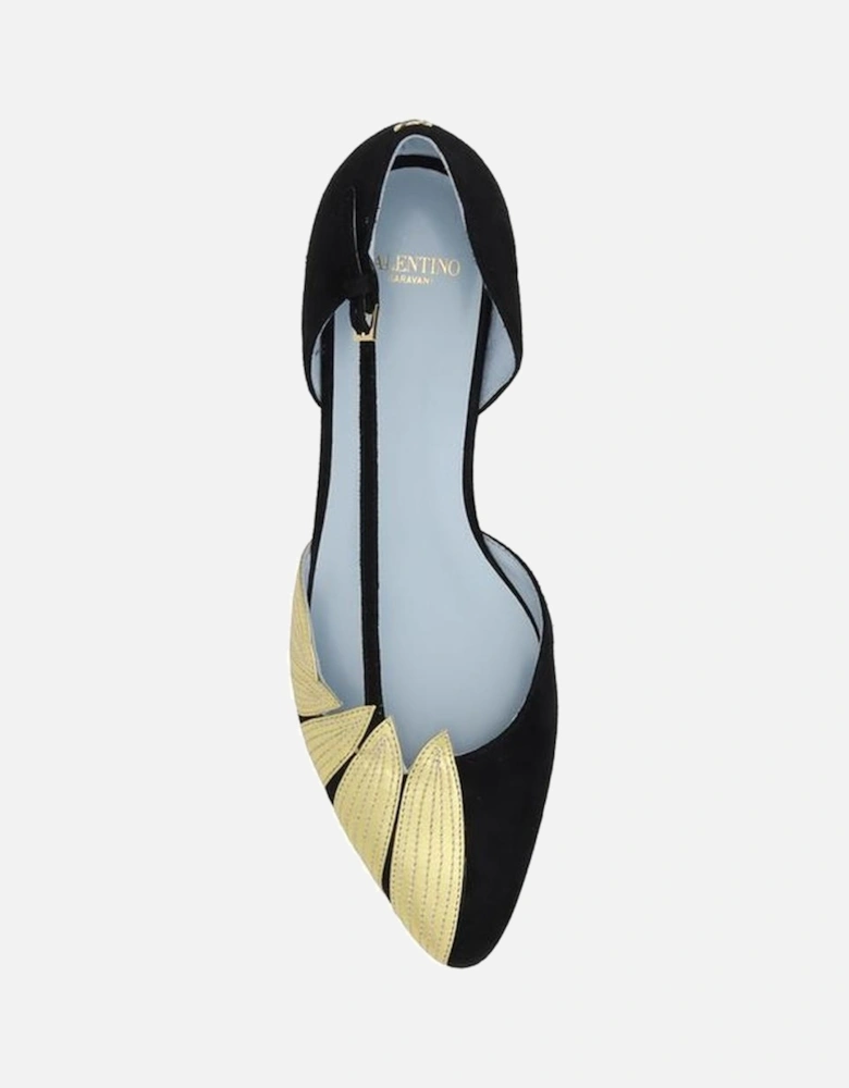 Suede Ballerinas with Leaf Detail and Buckle Strap Women - Black Flats