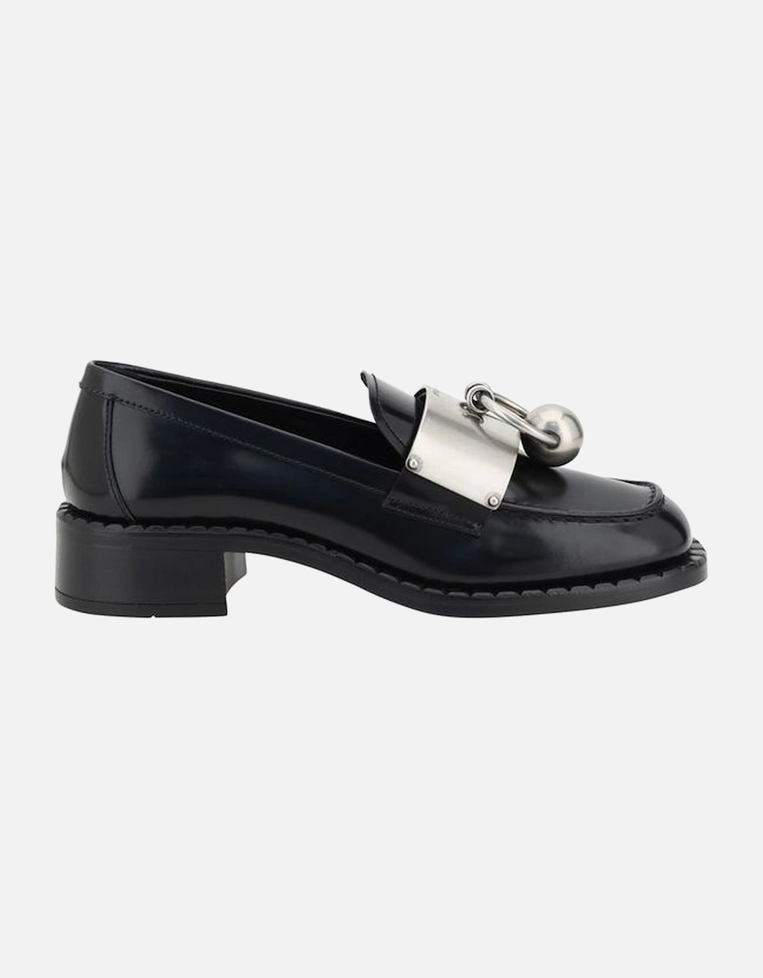 Leather Block Heel Loafers with Metal Plaque Women - Black Flats, 5 of 4