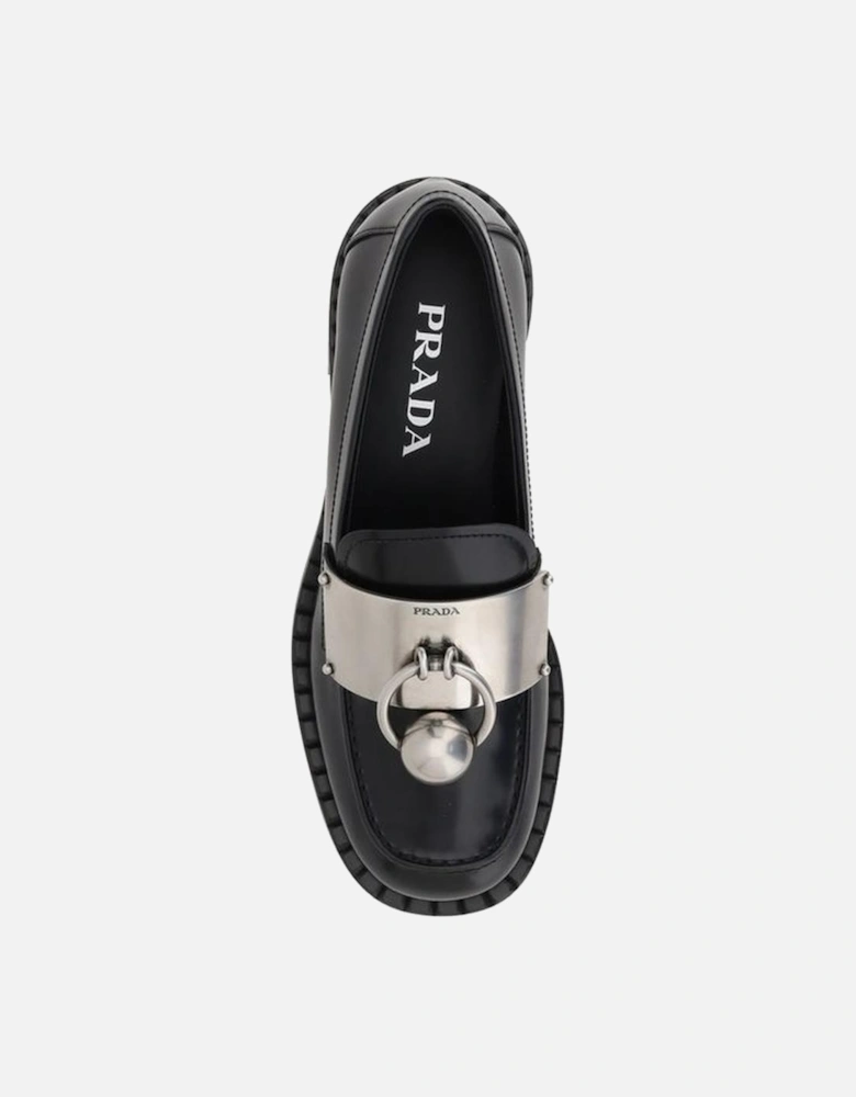 Leather Block Heel Loafers with Metal Plaque Women - Black Flats