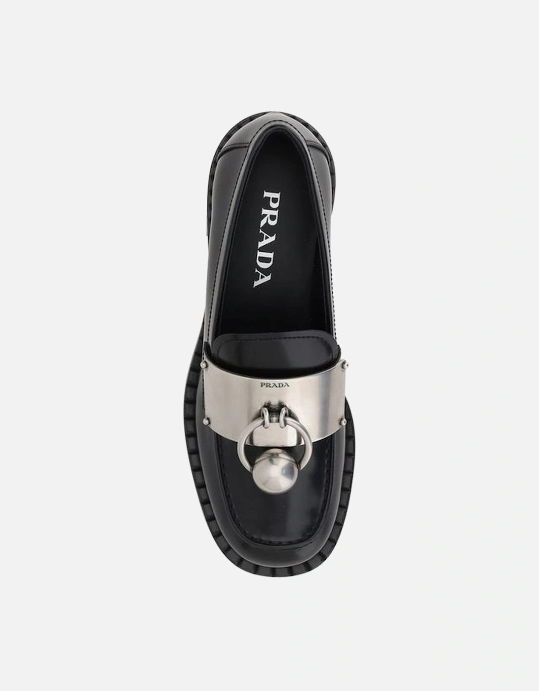 Leather Block Heel Loafers with Metal Plaque Women - Black Flats