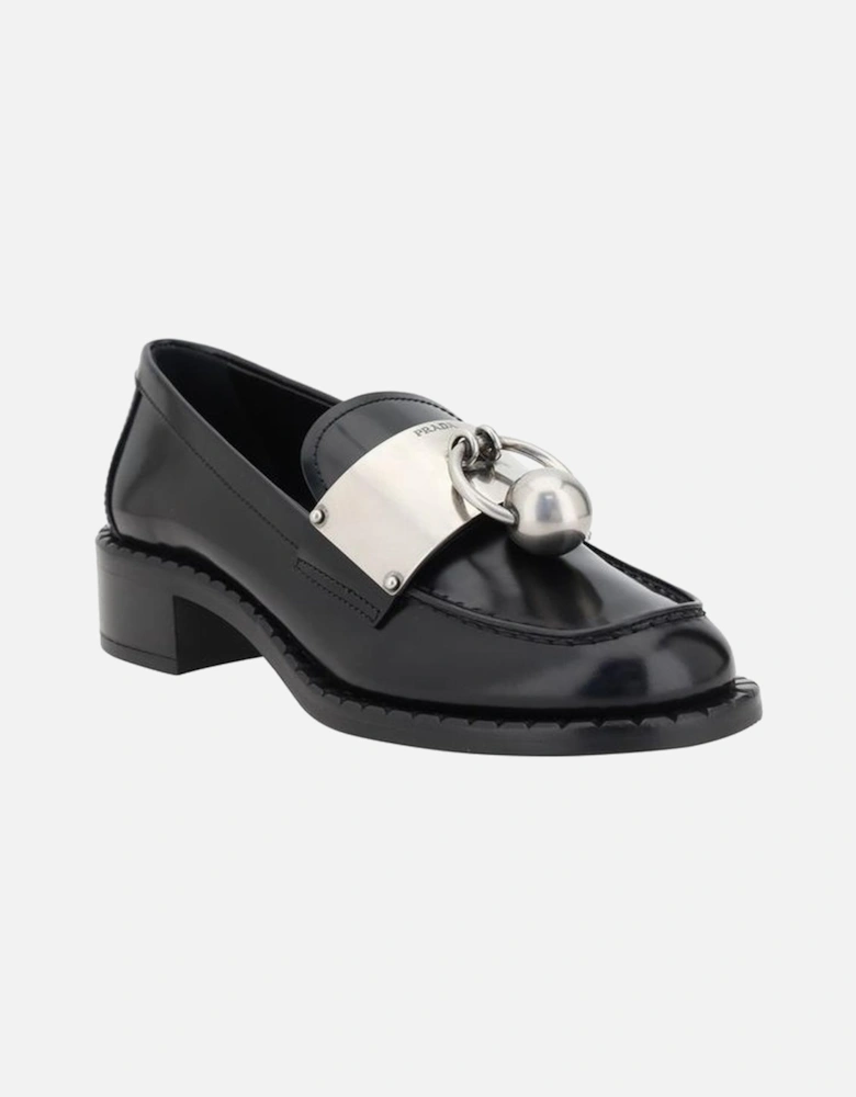 Leather Block Heel Loafers with Metal Plaque Women - Black Flats