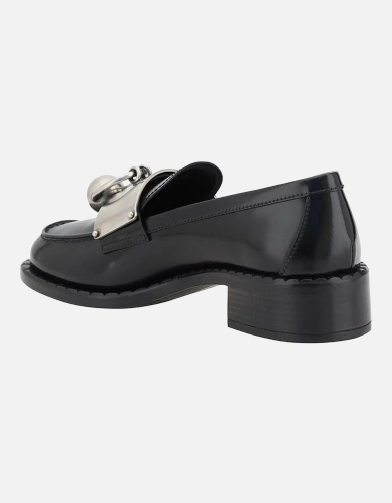 Leather Block Heel Loafers with Metal Plaque Women - Black Flats