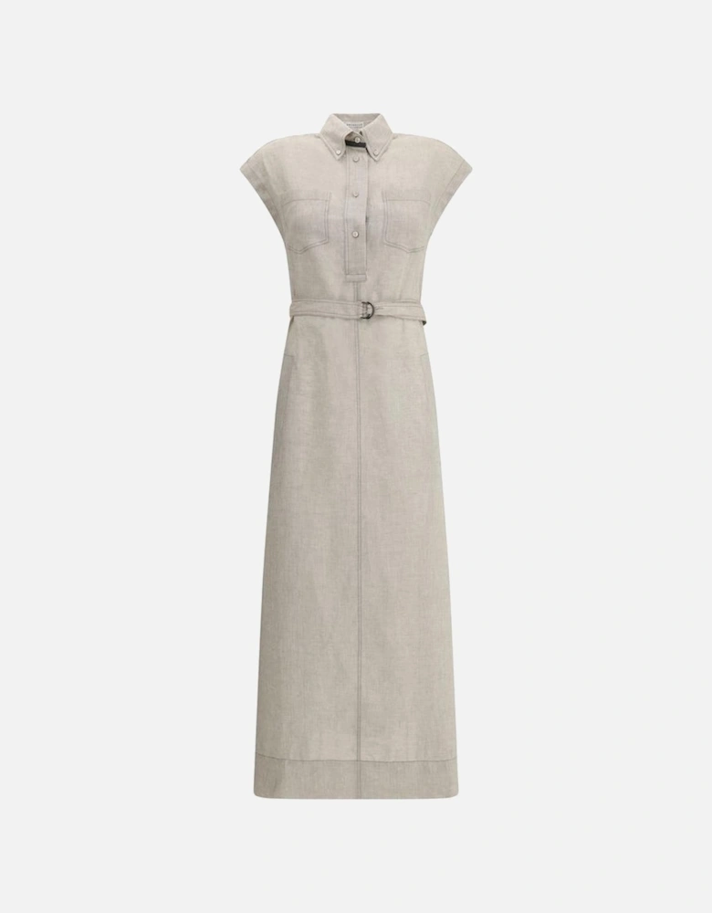 Long Linen Dress with Classic Collar and Belt Women - Beige Dresses