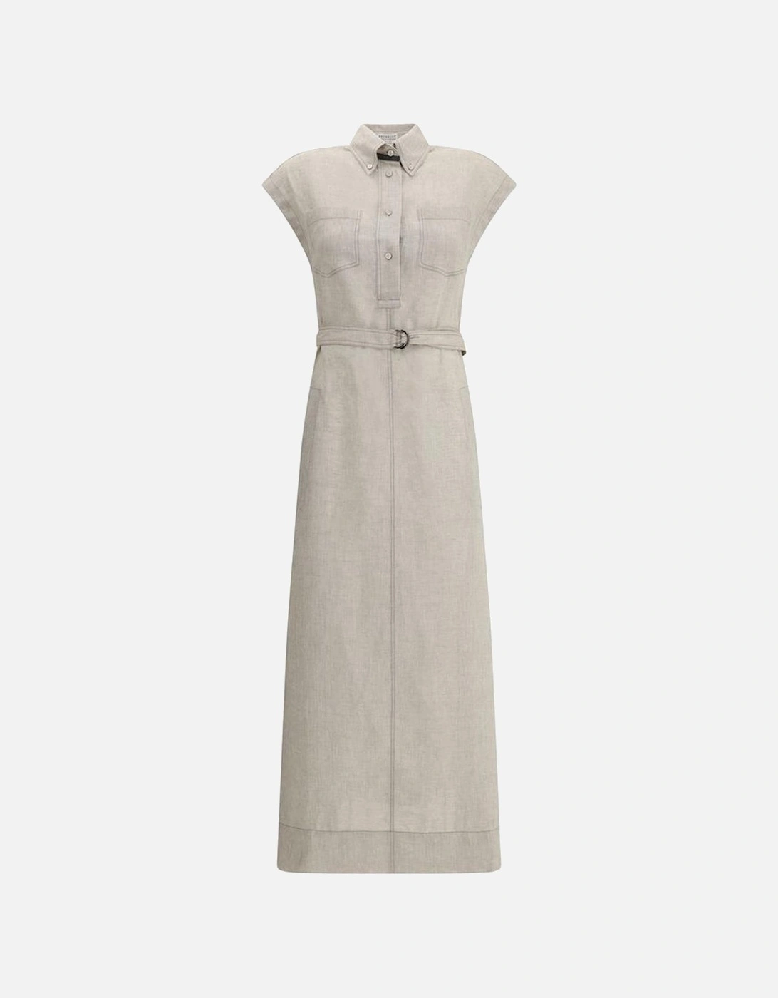 Long Linen Dress with Classic Collar and Belt Women - Beige Dresses, 4 of 3