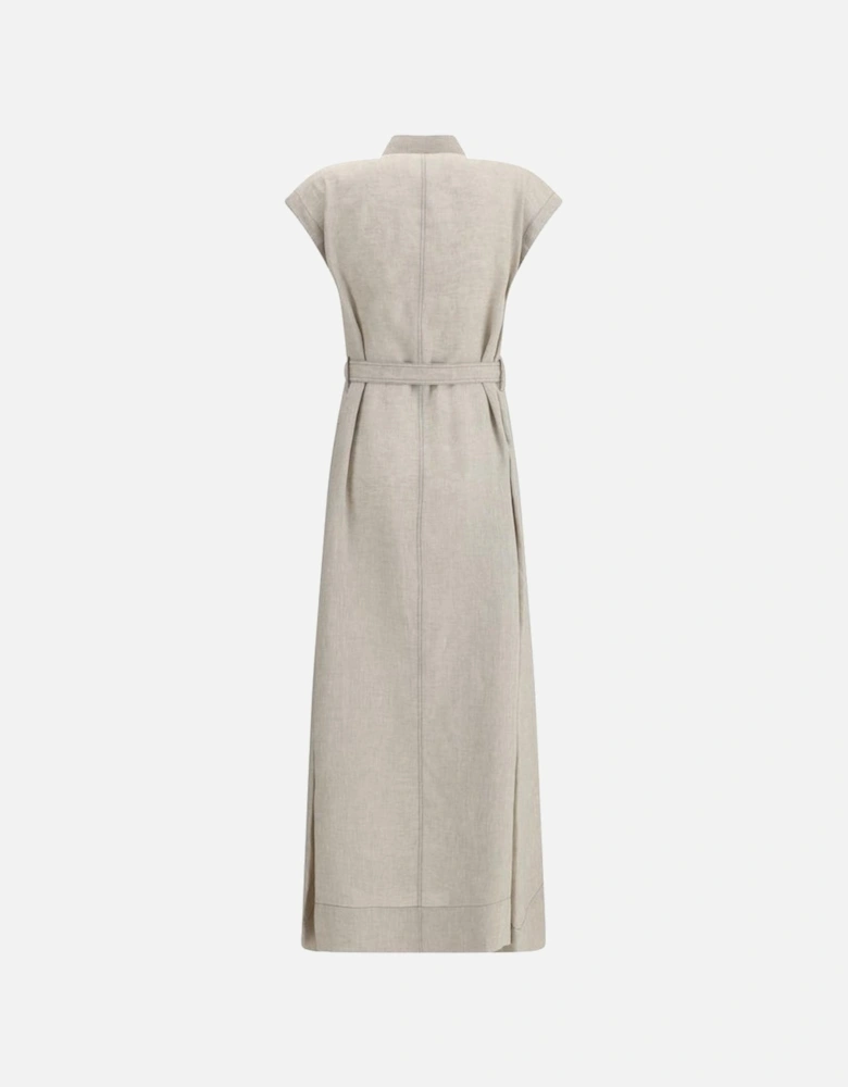 Long Linen Dress with Classic Collar and Belt Women - Beige Dresses