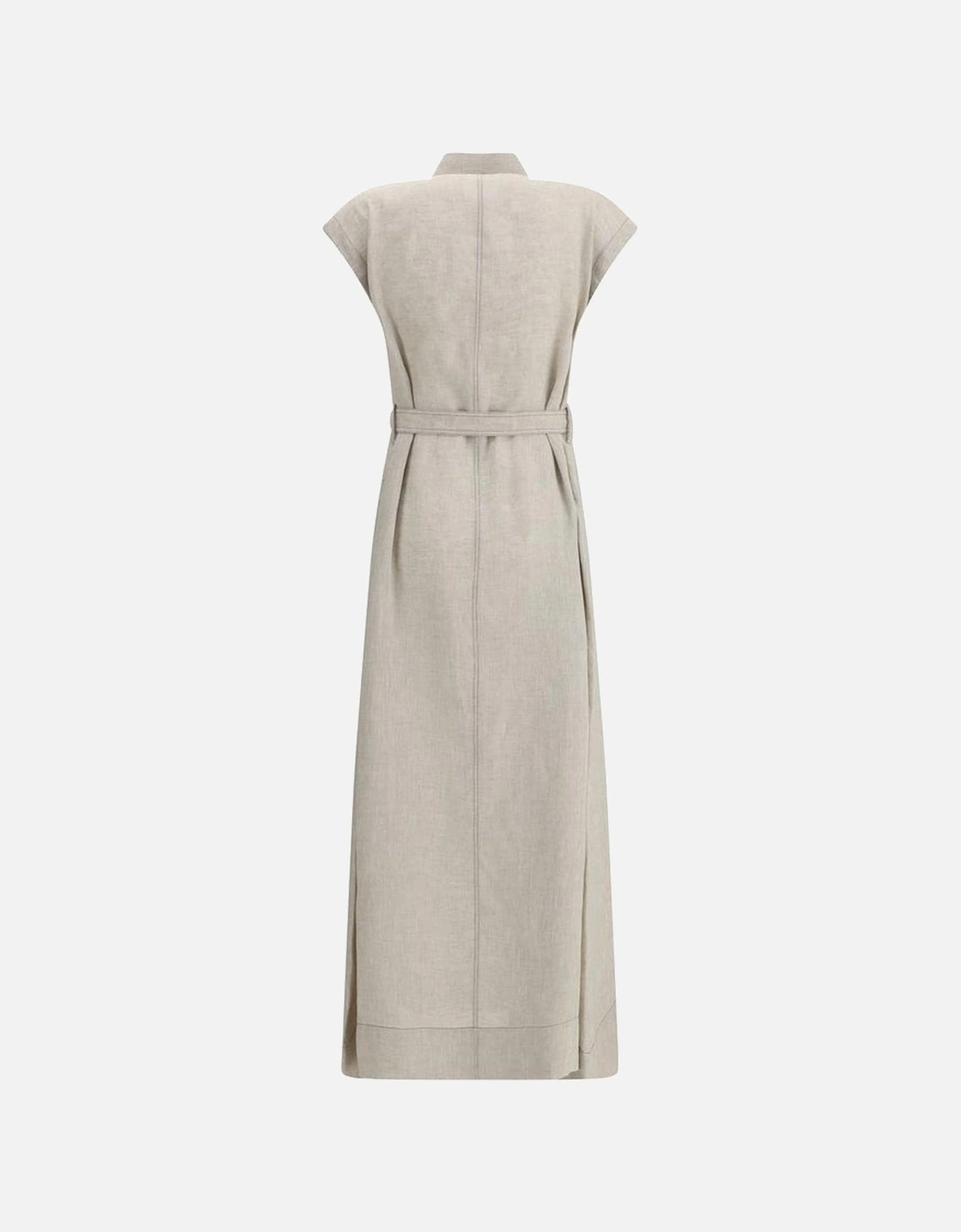 Long Linen Dress with Classic Collar and Belt Women - Beige Dresses