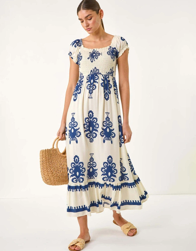 Bardot Shirred Maxi Dress - Navy