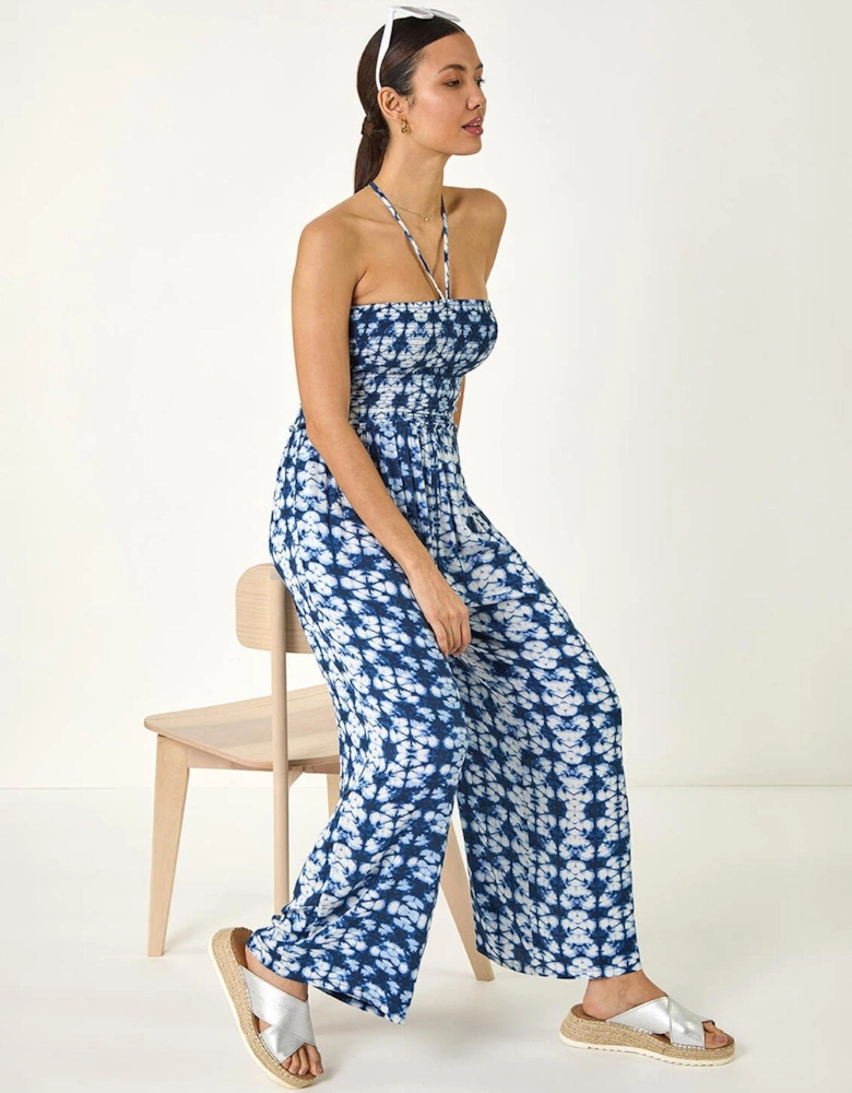 Abstract Shirred Bardot Jumpsuit - Navy
