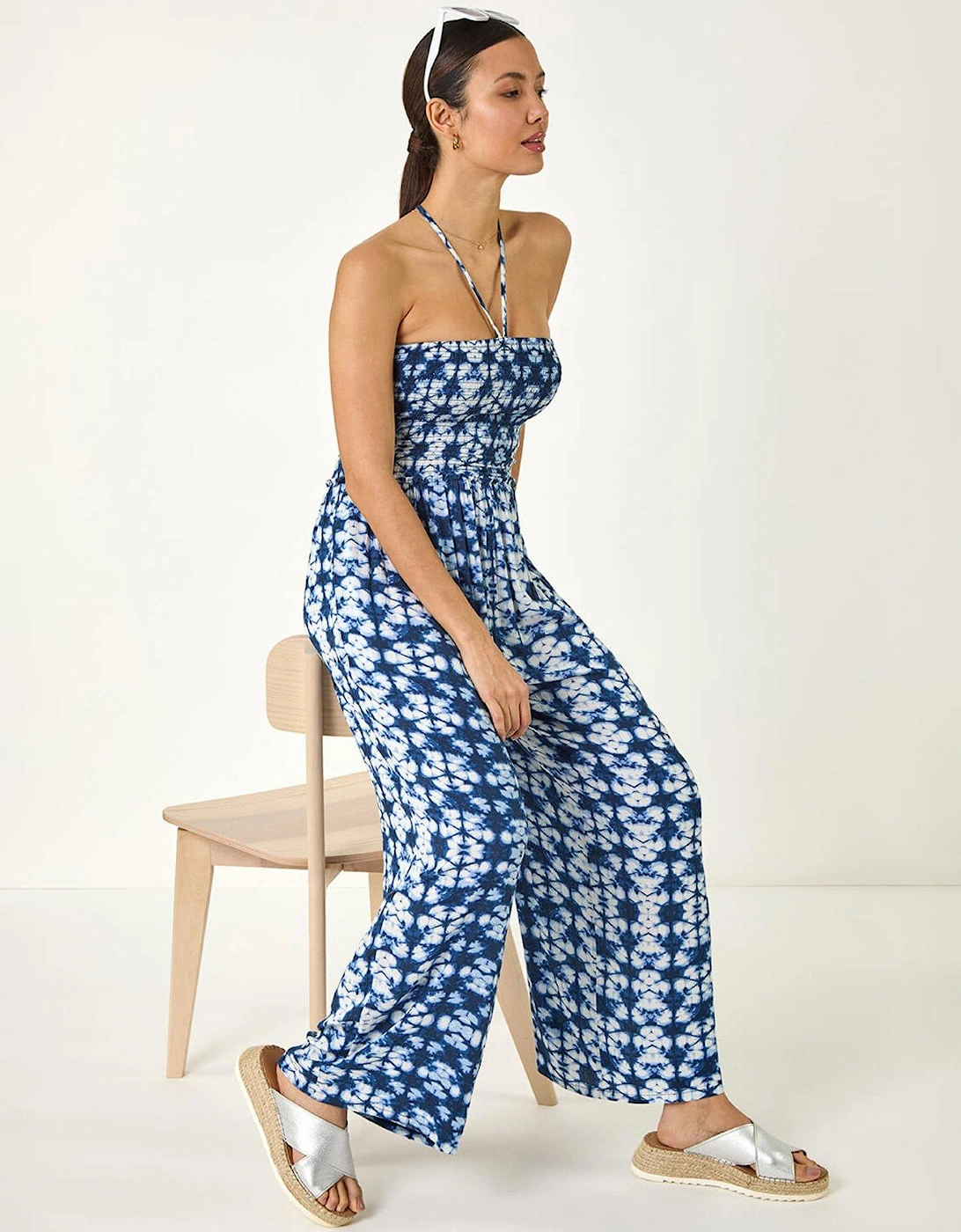 Abstract Shirred Bardot Jumpsuit - Navy, 2 of 1