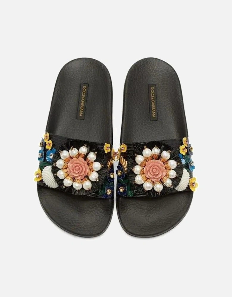 Rubber Slippers with Iguana Print and Colorful Jewels Women - Black