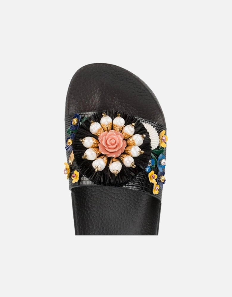 Rubber Slippers with Iguana Print and Colorful Jewels Women - Black