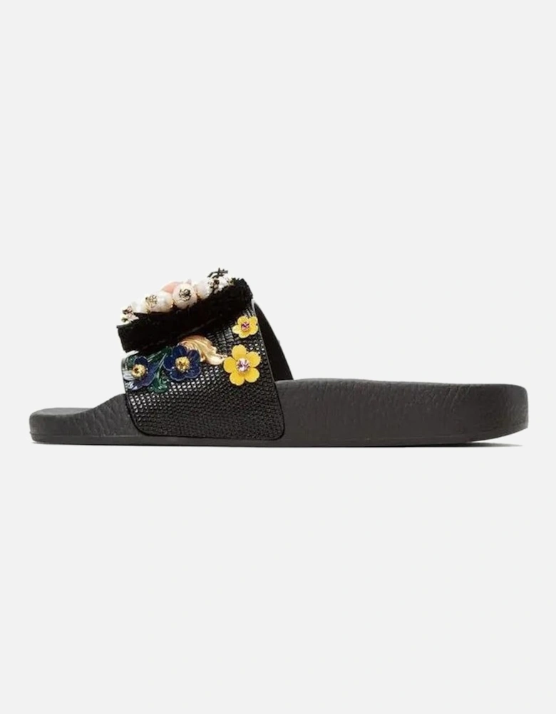 Rubber Slippers with Iguana Print and Colorful Jewels Women - Black
