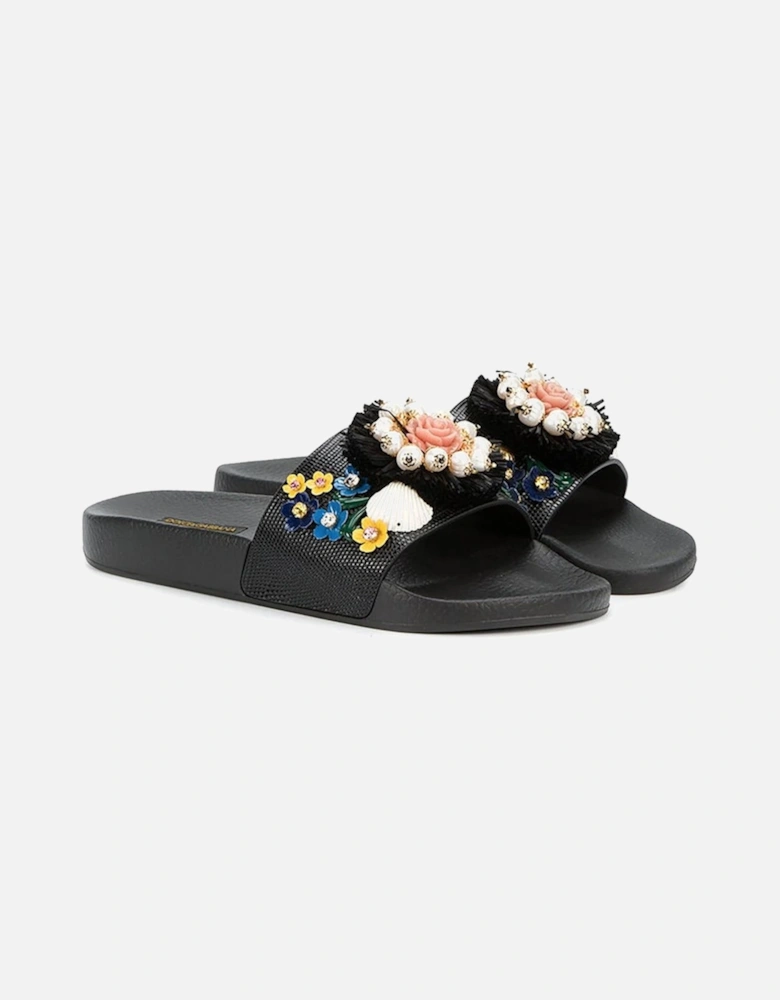 Rubber Slippers with Iguana Print and Colorful Jewels Women - Black