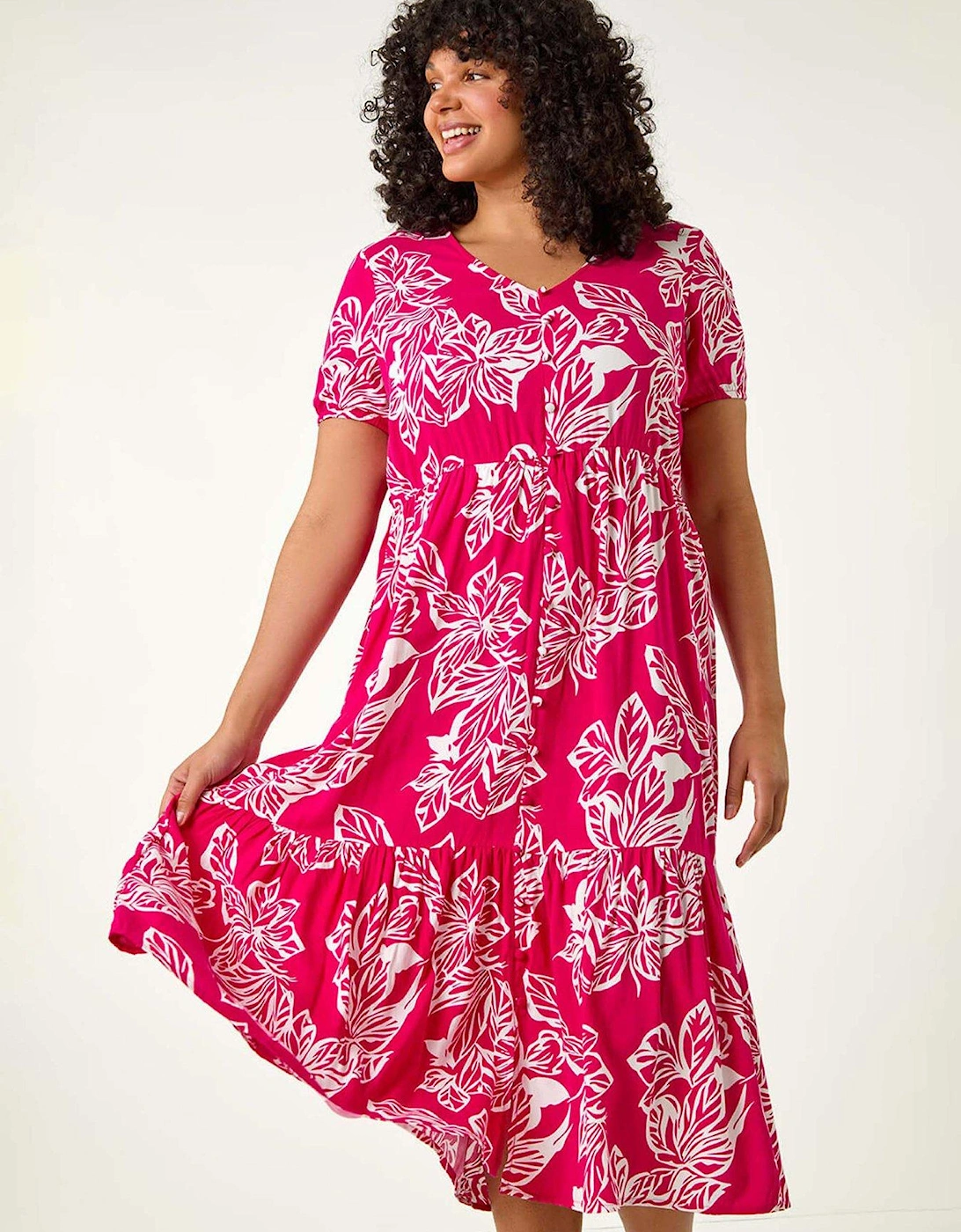 Curve Floral Print Tiered Midi Dress, 2 of 1