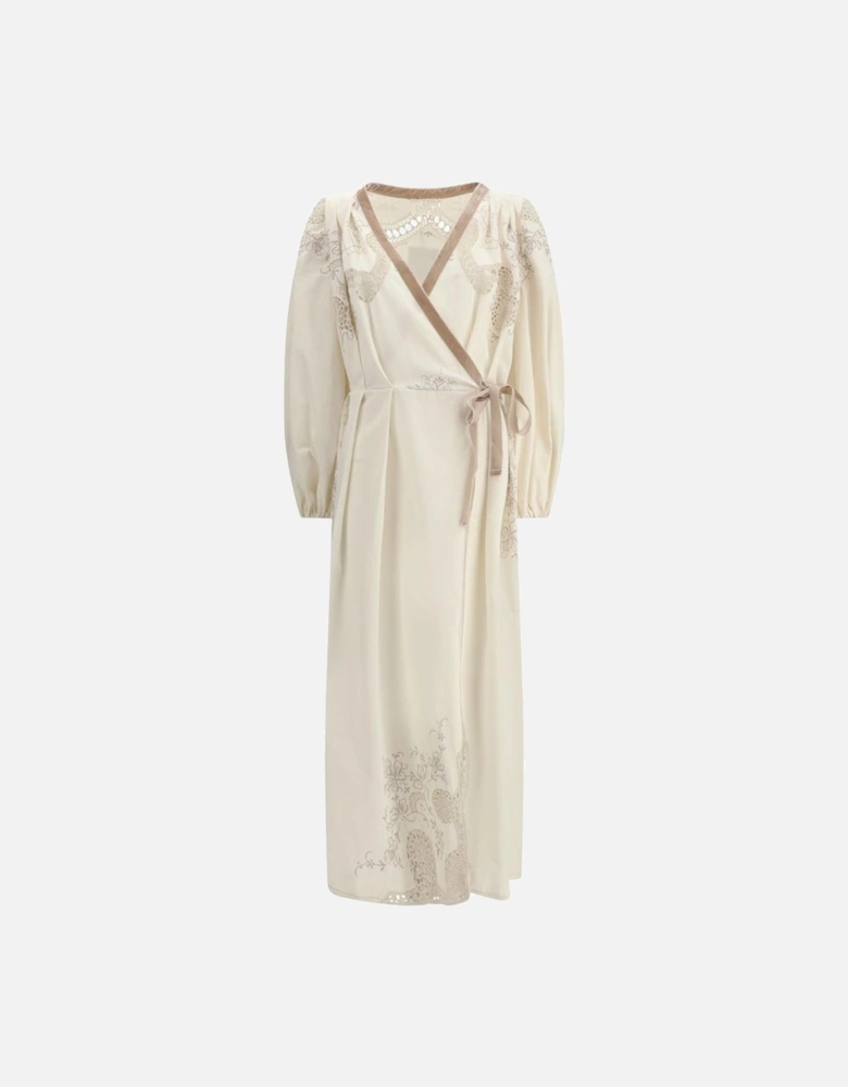 Elegant Impero Long Dress with Lace and Embroidery Women - Cream