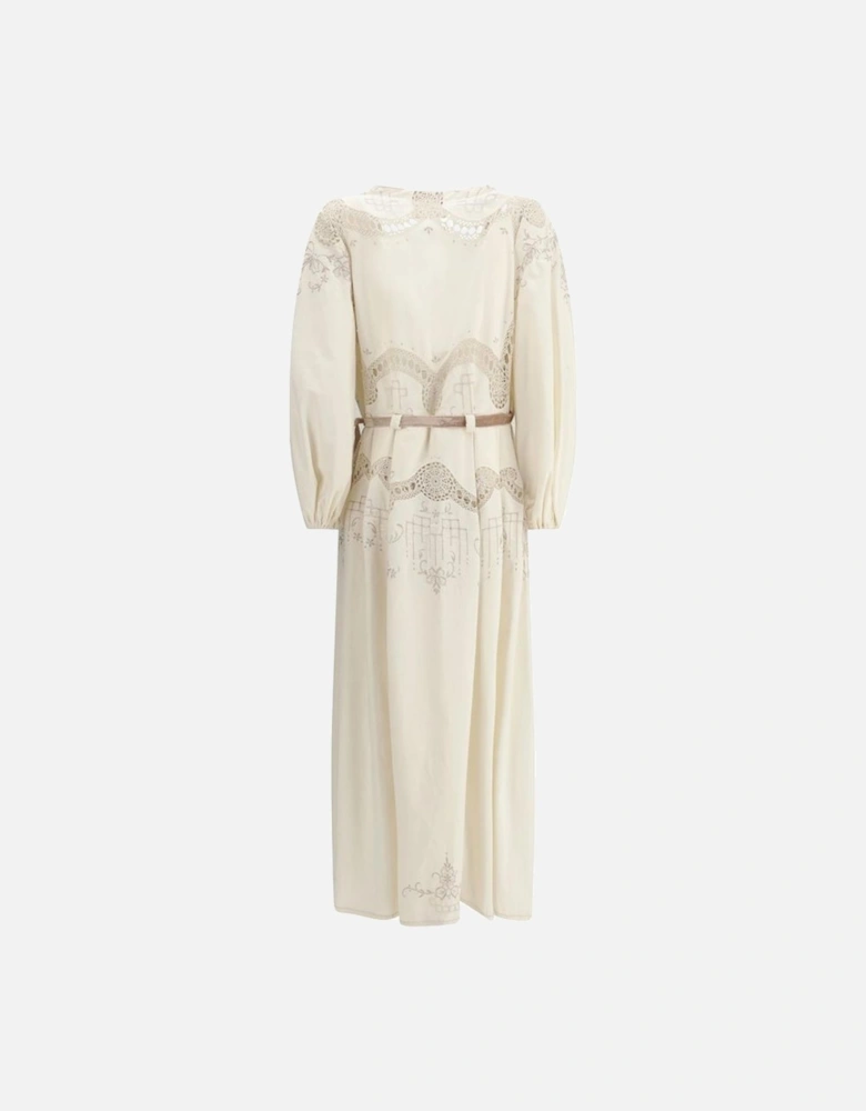 Elegant Impero Long Dress with Lace and Embroidery Women - Cream
