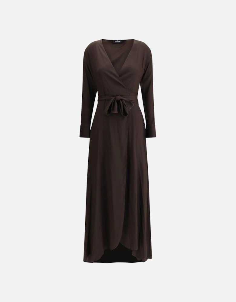 Long Silk Chemisier Dress with V-Neck and Pockets Women - Brown
