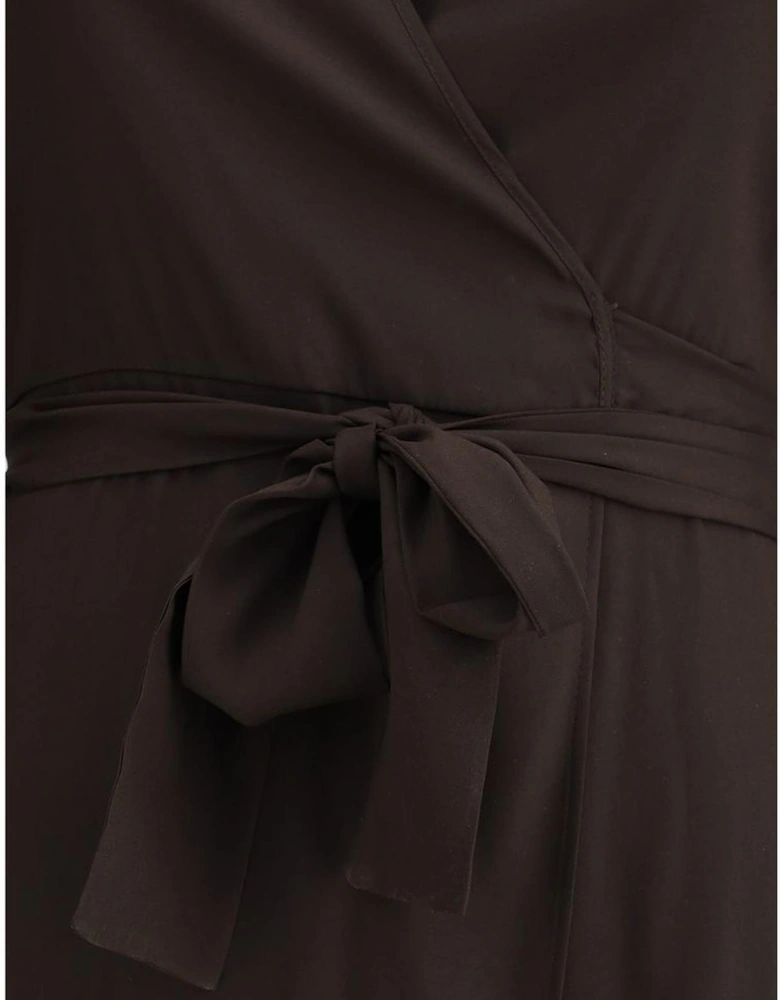 Long Silk Chemisier Dress with V-Neck and Pockets Women - Brown