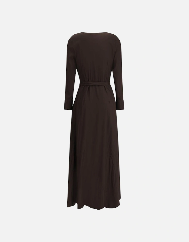 Long Silk Chemisier Dress with V-Neck and Pockets Women - Brown