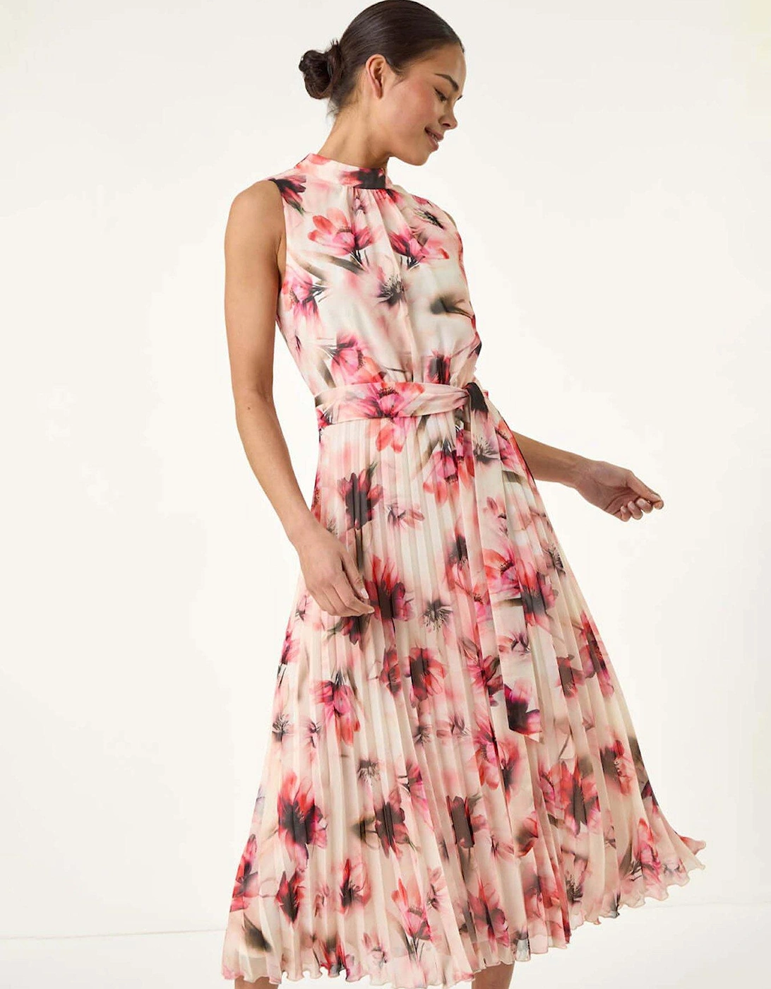 Petite Floral Pleated Halter Neck Midi Dress - Red, 2 of 1