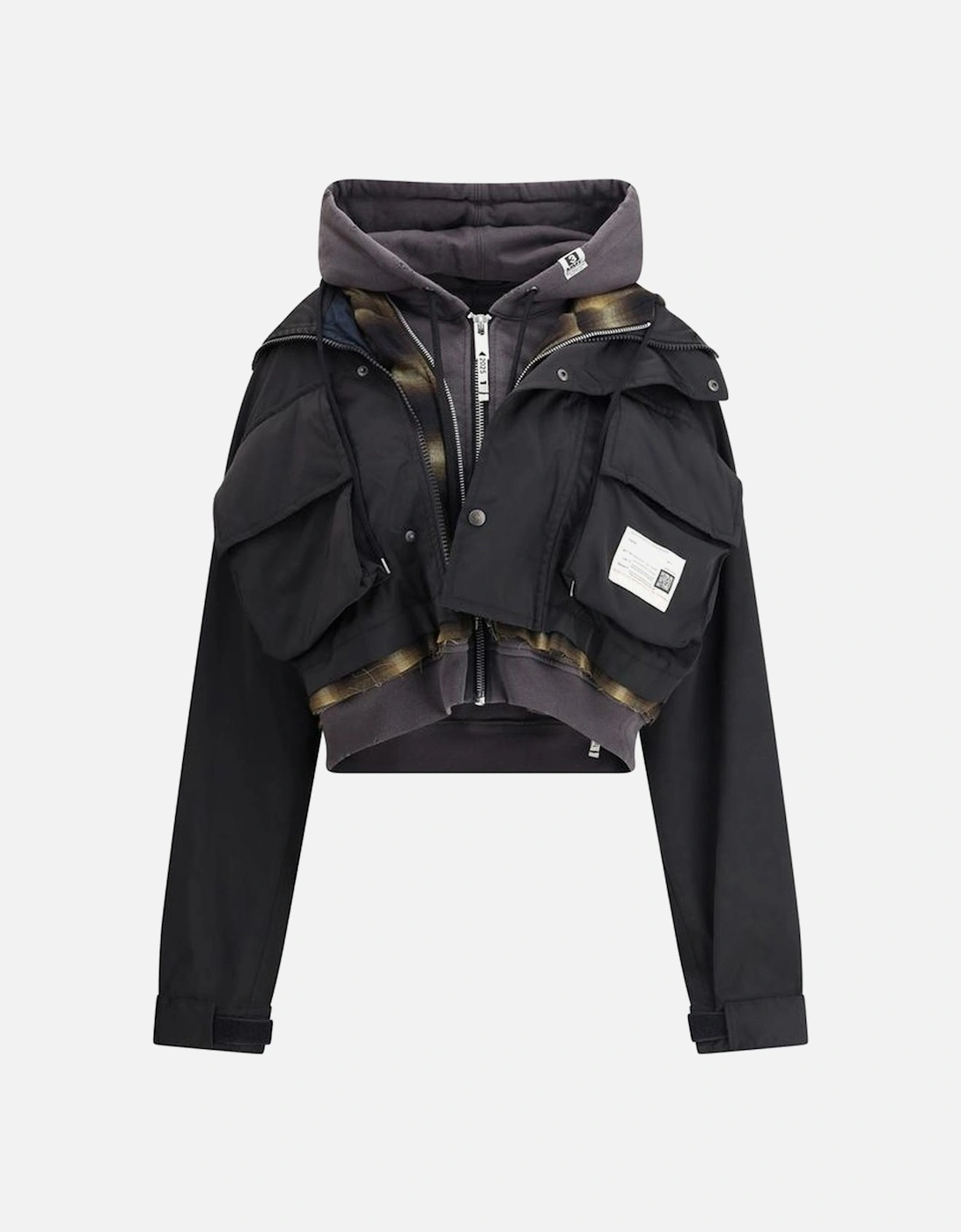 Cropped Layered Patchwork Jacket with Hood and Pockets Women - Black, 4 of 3
