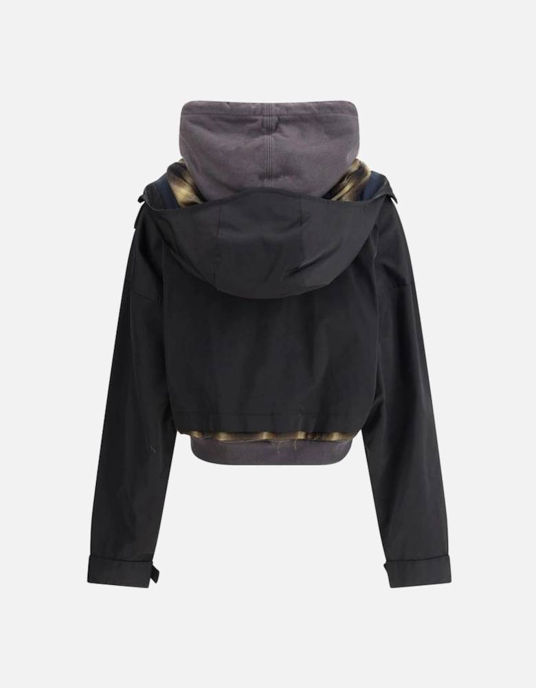 Cropped Layered Patchwork Jacket with Hood and Pockets Women - Black