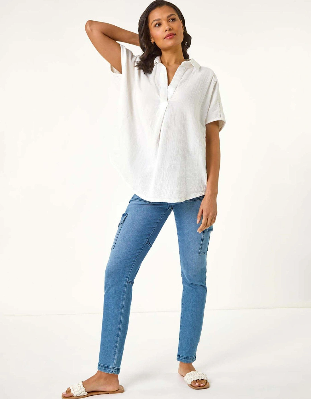 Collared V-neck Pleated Top - White, 2 of 1