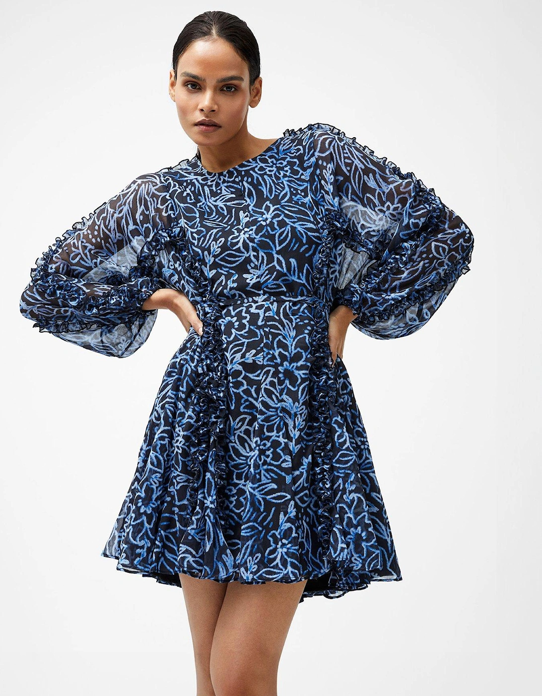 Printed Chiffon Round Neck Floaty A-Line Mini Dress, 2 of 1