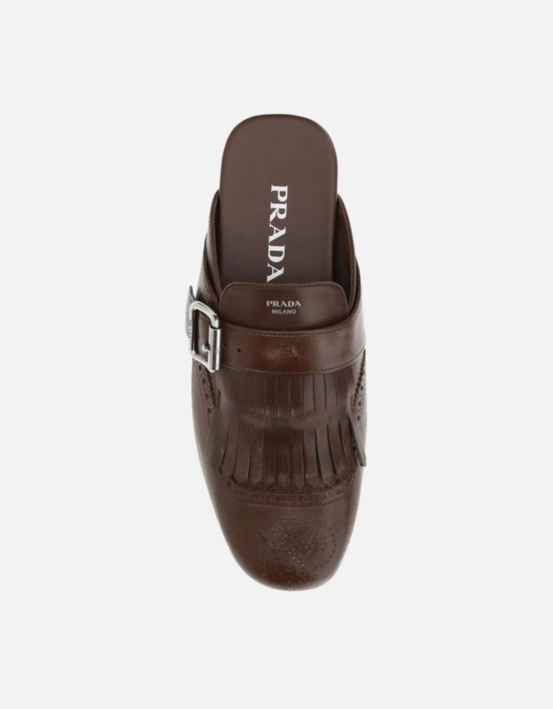 Leather Buckle-Fringe Sabot with Multi-Layered Sole Women - Brown