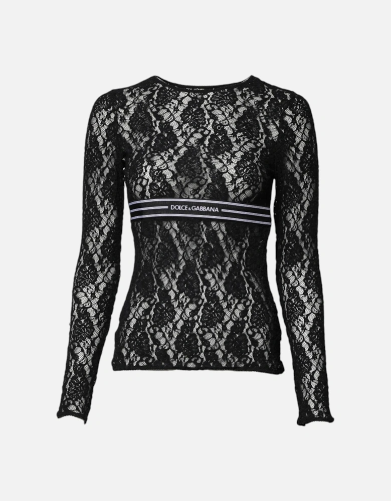Floral Lace Long Sleeve Crew Neck Blouse Women - Black T-Shirts