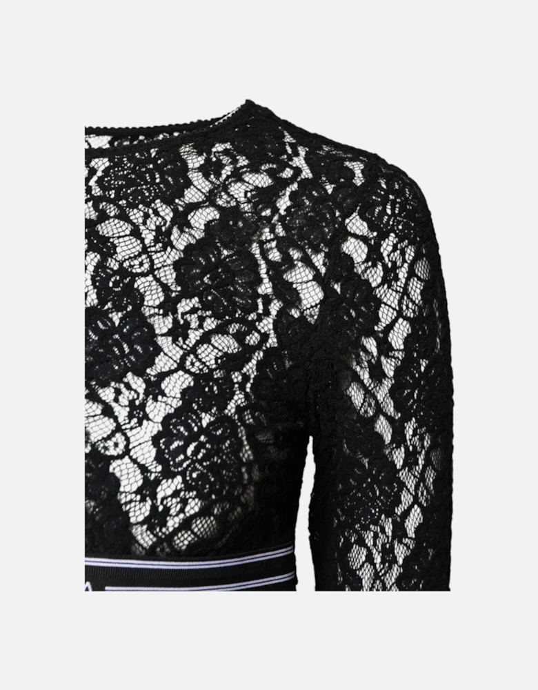 Floral Lace Long Sleeve Crew Neck Blouse Women - Black T-Shirts