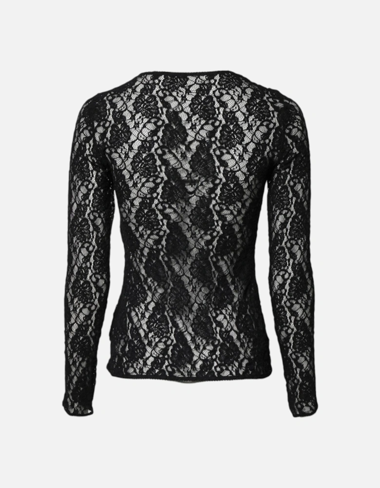 Floral Lace Long Sleeve Crew Neck Blouse Women - Black T-Shirts