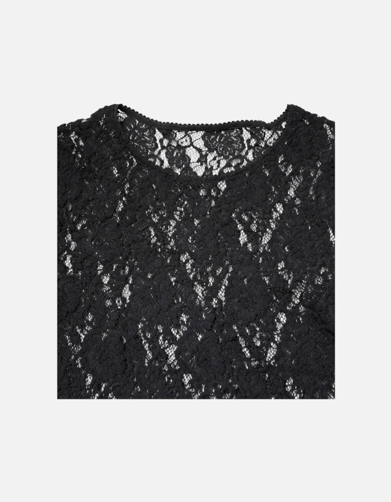 Floral Lace Long Sleeve Crew Neck Blouse Women - Black T-Shirts