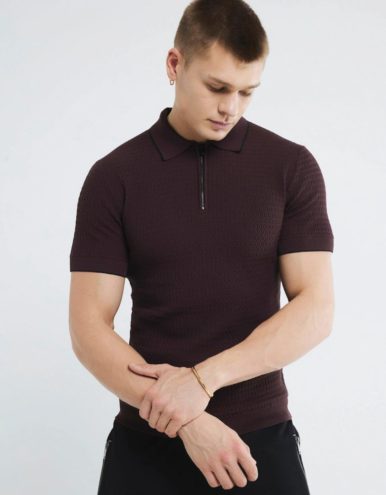 Short Sleeve Textured Knit Muscle Zip Polo Shirt - Red