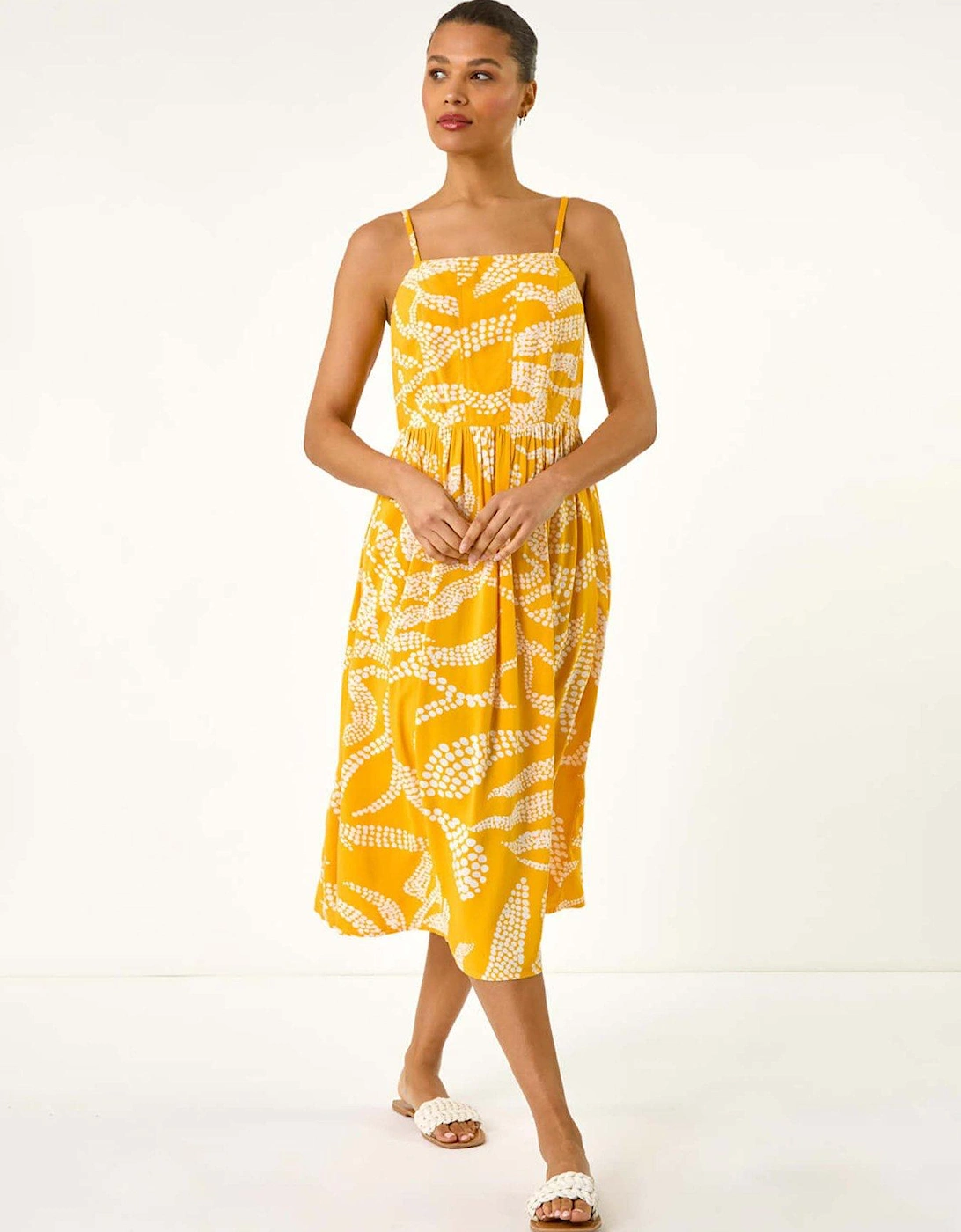Leaf Print Strap Midi Dress - Yellow, 2 of 1