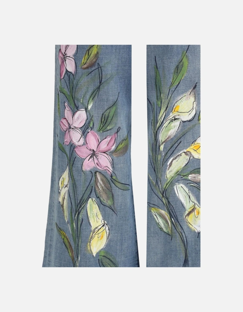 Floral Print Balloon Jeans with Painted Flowers Women - Light Blue