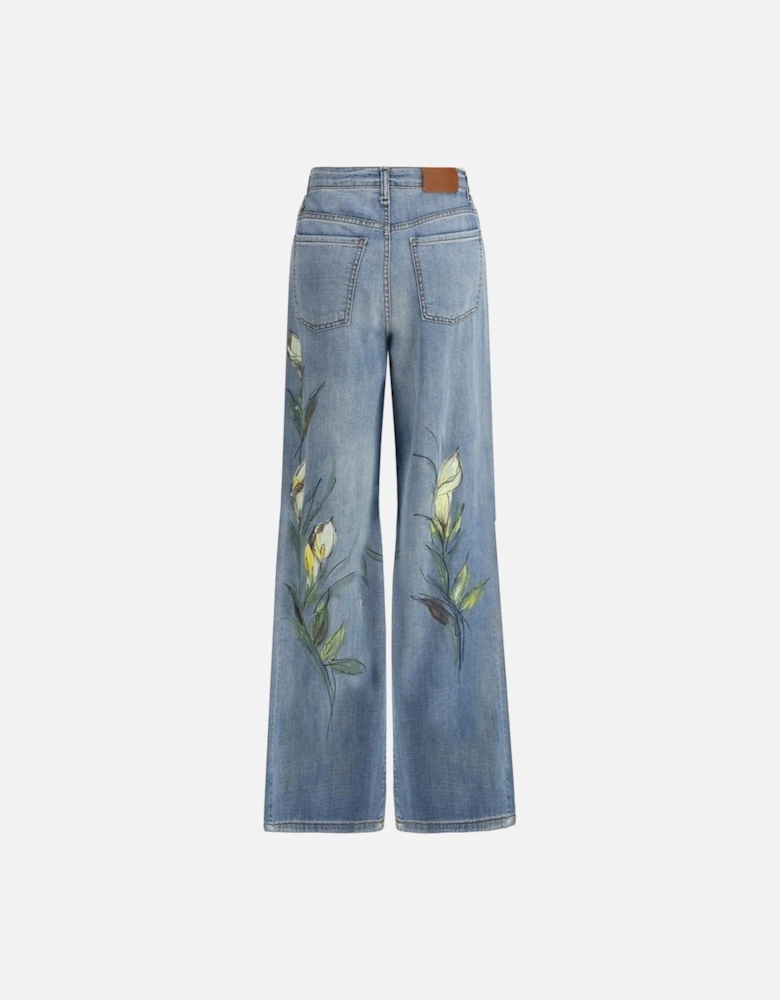 Floral Print Balloon Jeans with Painted Flowers Women - Light Blue
