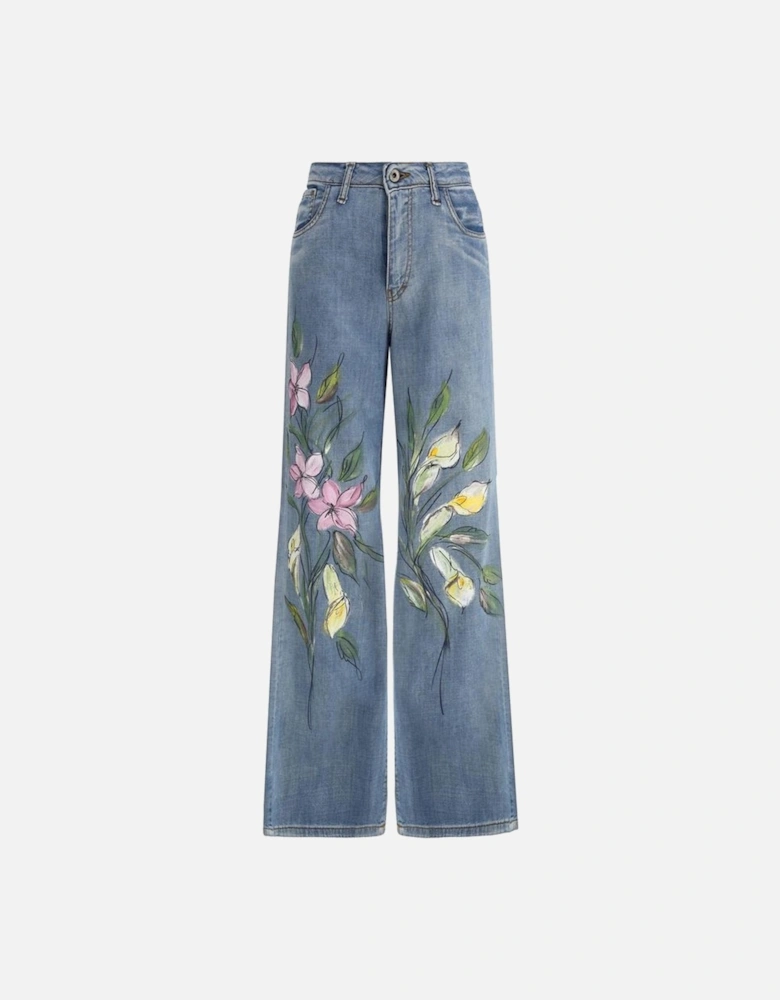 Floral Print Balloon Jeans with Painted Flowers Women - Light Blue