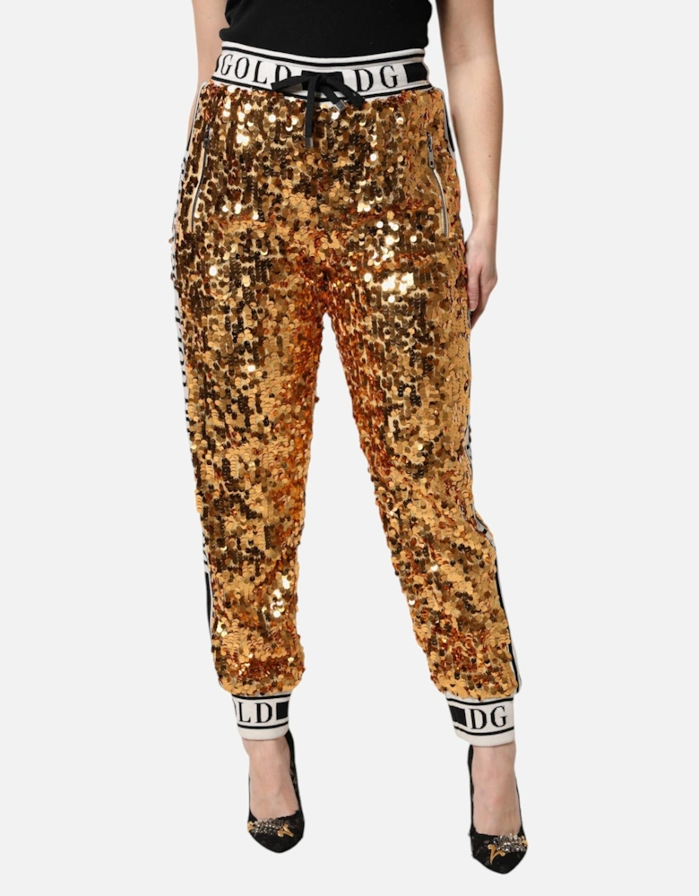High Waisted Sequined Jogger Pants with Logo Print Women - Gold Jeans