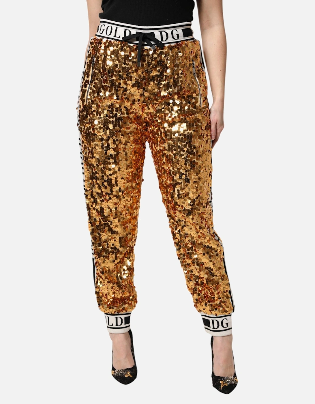 High Waisted Sequined Jogger Pants with Logo Print Women - Gold Jeans, 6 of 5